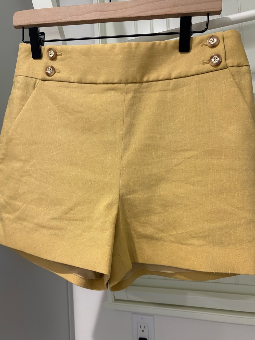 Veronica Beard Yellow High-Waist Linen Button-Accent Shorts